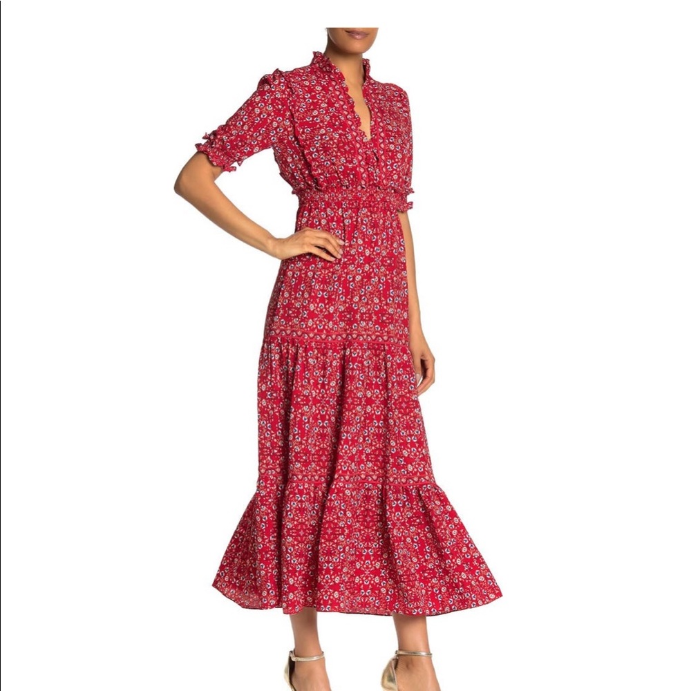 MAX STUDIO Ruffle Collar Print Tiered Maxi Dress. Small.
